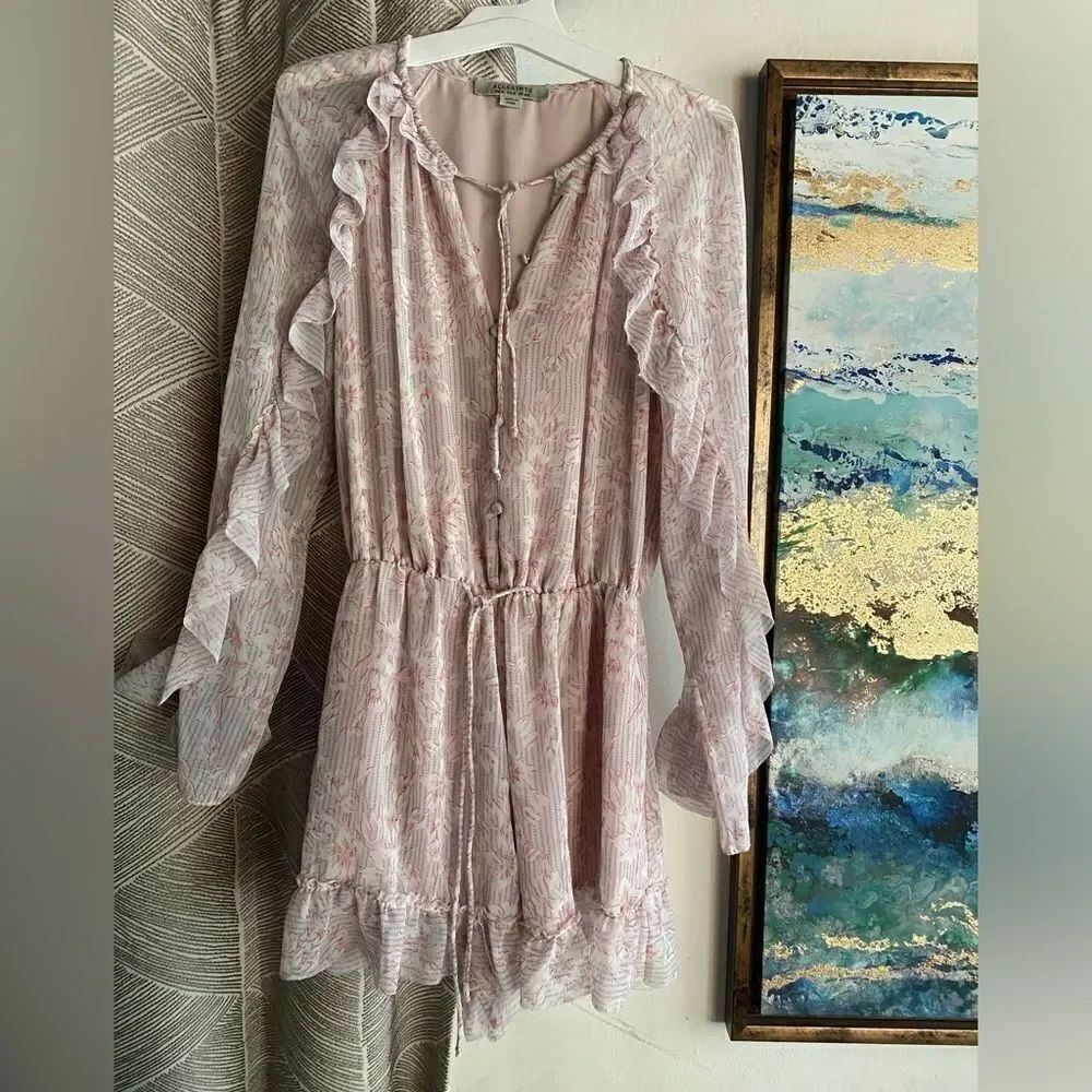All Saints Romper Womens Sz 2 Pink Floral Rosa V Neck Long Sleeve Ruffle Button